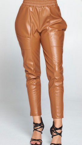 CAMEL VEGAN LEATHER PANTS