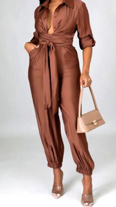 BROWN WINE AND DINE JUMPSUIT